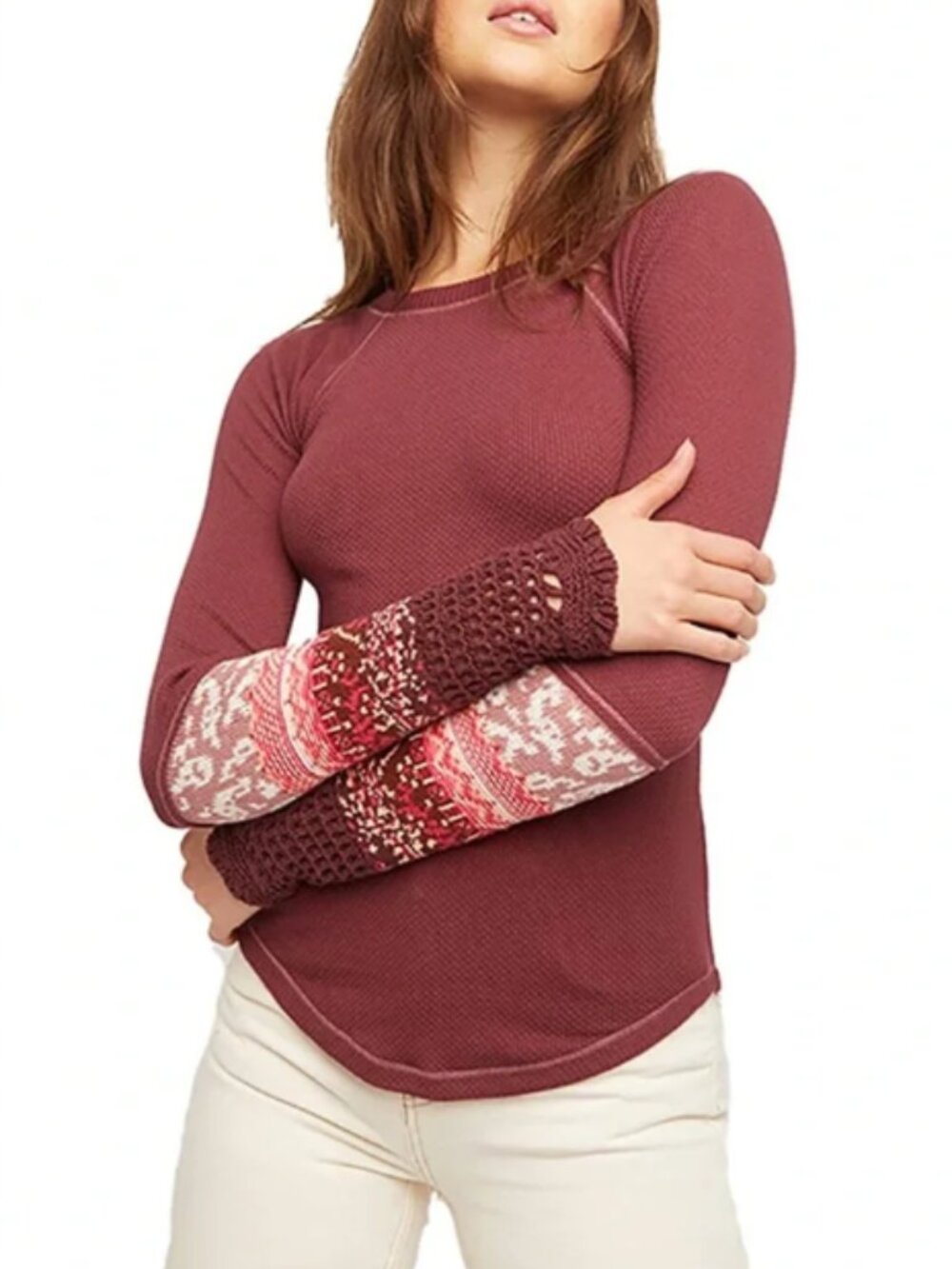 Free People In The Mix Cuff Thermal Tee Rio Vino Crochet Long Sleeve XS
